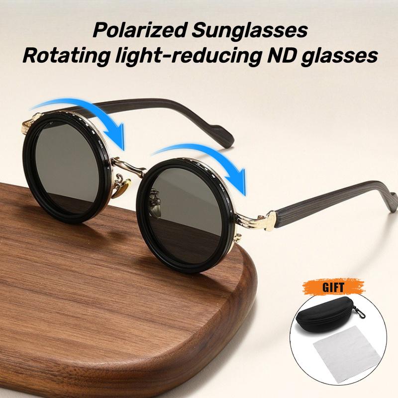 New ND9 Adjustable Sunglasses for Men Rotating Graduated Tint Round Frame Wood-Grain Temple Tips Polarized Sunglasses