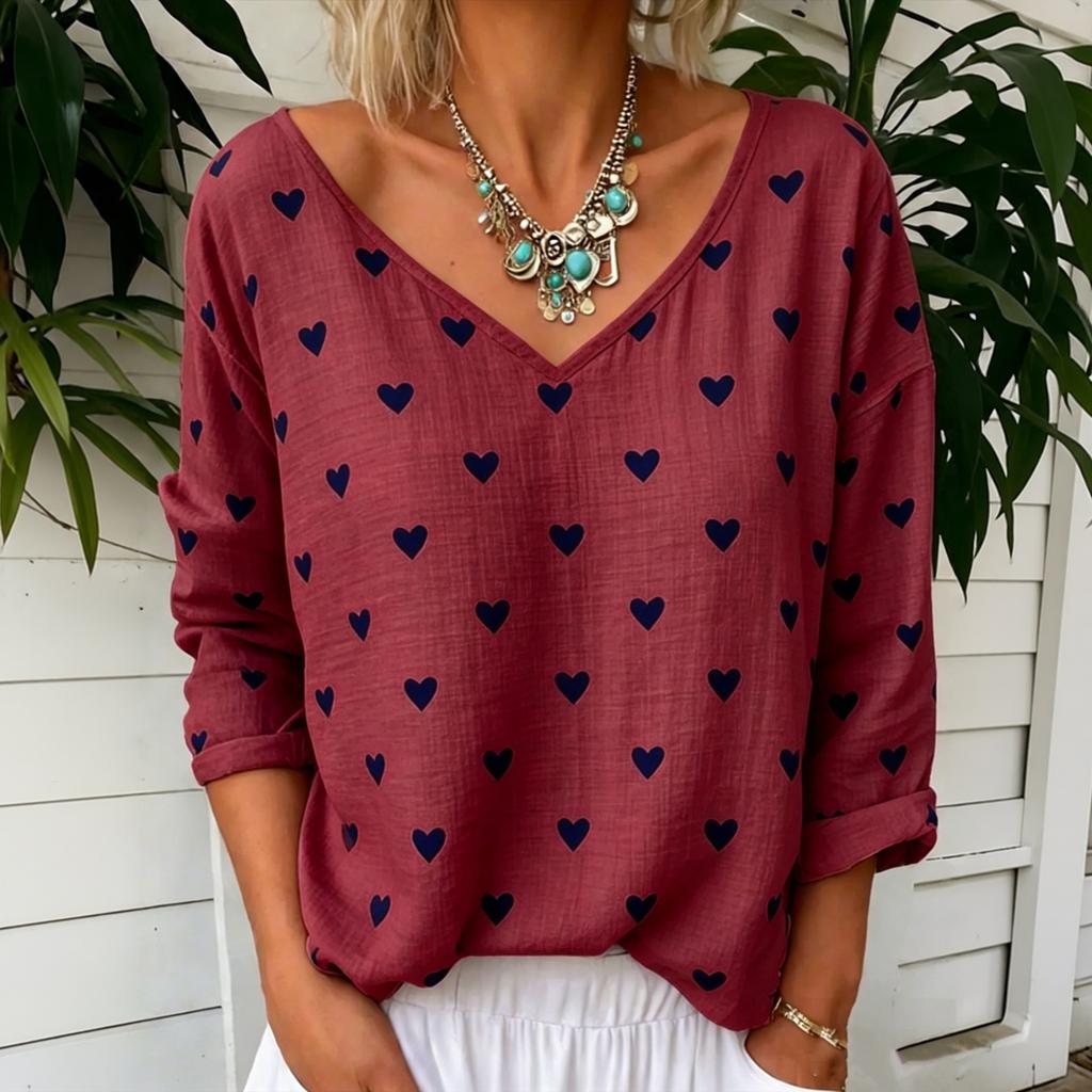 Women's Casual Loose Fit Long Sleeve V Neck Top Heart Print Cotton Linen Blouse Lightweight Breathable Comfortable Fabric