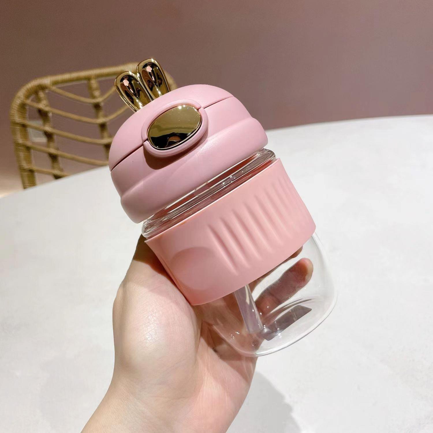 

Cute Rabbit Straw Glass Cup Girl Portable Cup Coffee Beverage Gift Water Cup 350ml рожевий