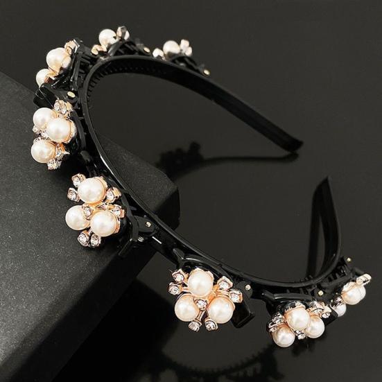 Women Headband Imitation Pearl Flower Decor Double Layer Hair Hoop Stable Non-Slip Hair Braiding Tool