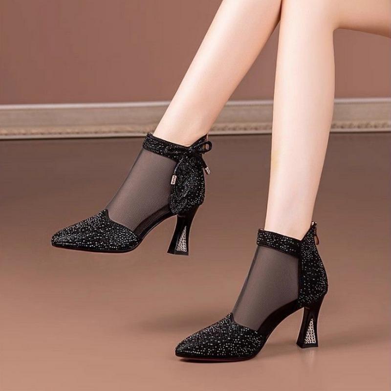 FHC 2024 Damen Mesh Sandalen Stiefel, Hohe Absätze Leder Sommerschuhe, Spitze Zehenpartie, Aussparungen, Reißverschluss hinten, Champagner, Schwarz, Dropship