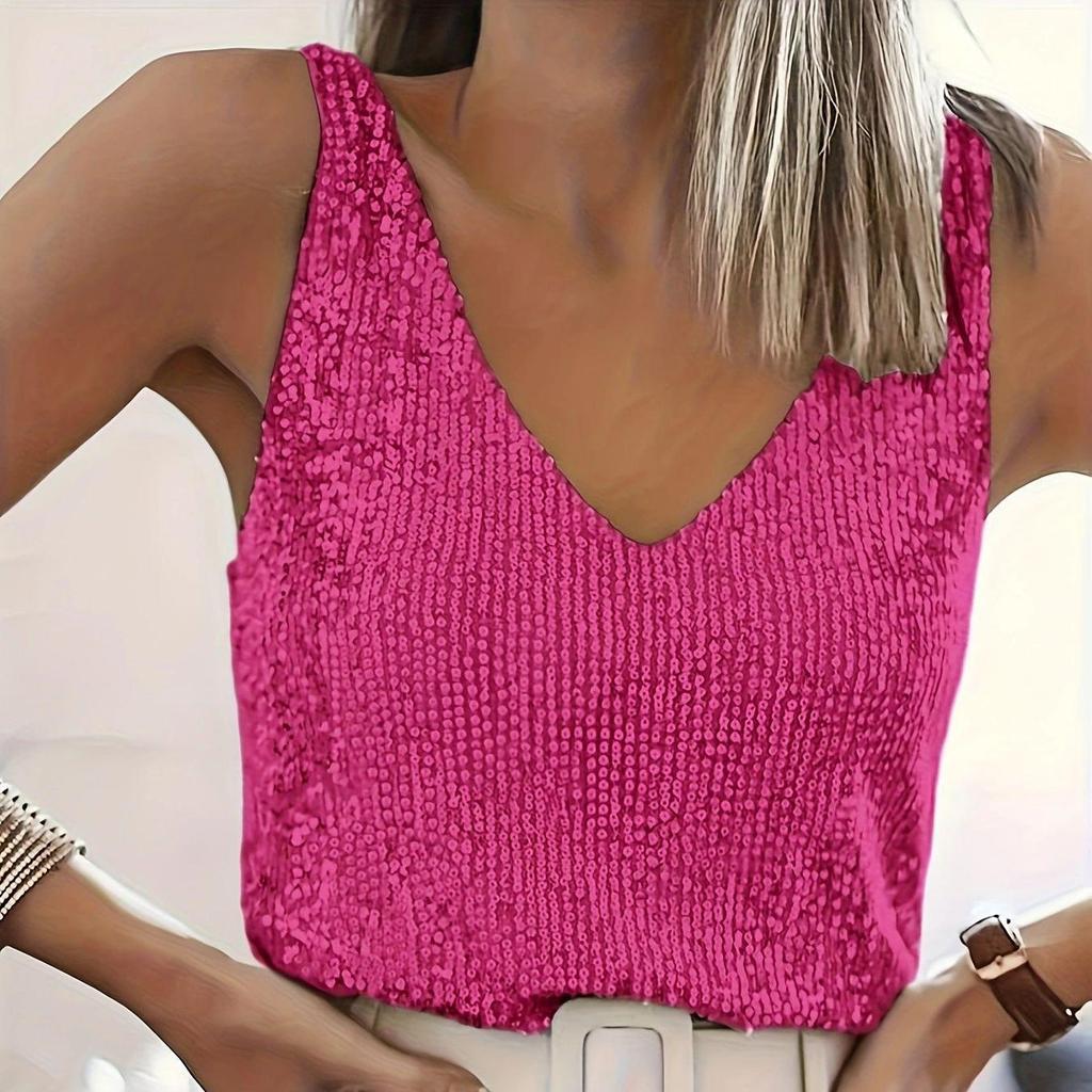Women‘s Summer Deep V-Neck Sequined Tank Top Stylish Sleeveless Top Sparkly Club Party Vest Blouses