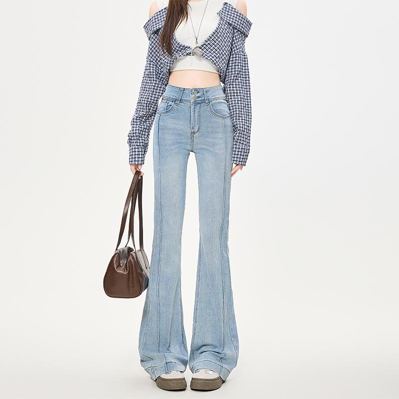 Retro Color Block Flare Jeans - Women s Slim Fit Elastic Pants for Autumn/Winter 27