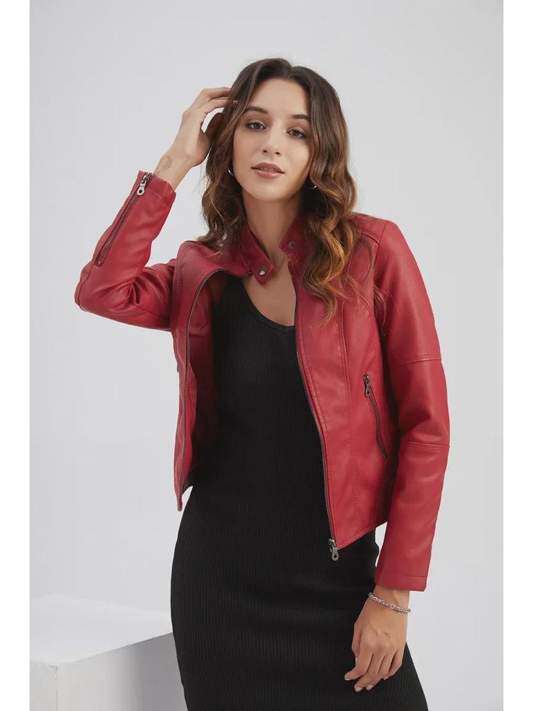 Europäische Damen Lederjacken: Schmale Passform, dünne Frühlings-/Herbstmäntel, Motorrad-Stil, großer Stehkragen.