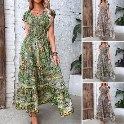 Vestido largo de verano con escote en V profundo, manga corta, bohemio, estampado colorido, elástico, cintura alta, volantes, dobladillo de costura, vestido de playa acampanado