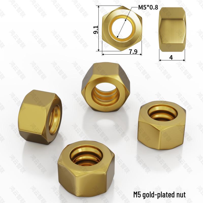 Gold-Plated Brass Hexagonal Nut - M2, M3, M4, M5, M8 Options Available