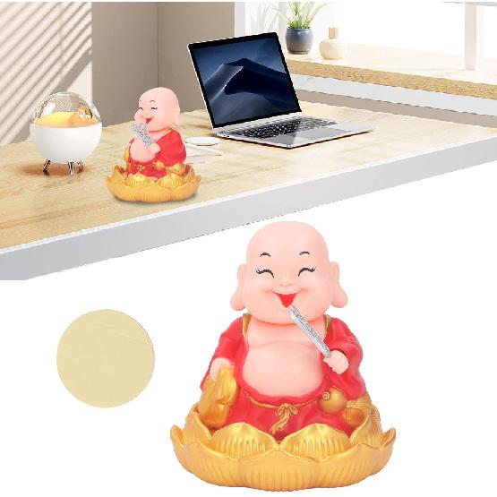 Walfront Solar Powered Figurine Nodding Smiling Buddha Maitreya Solar Buddha Statue Toy Little Monk Figurine Desktop Ornaments (Red)