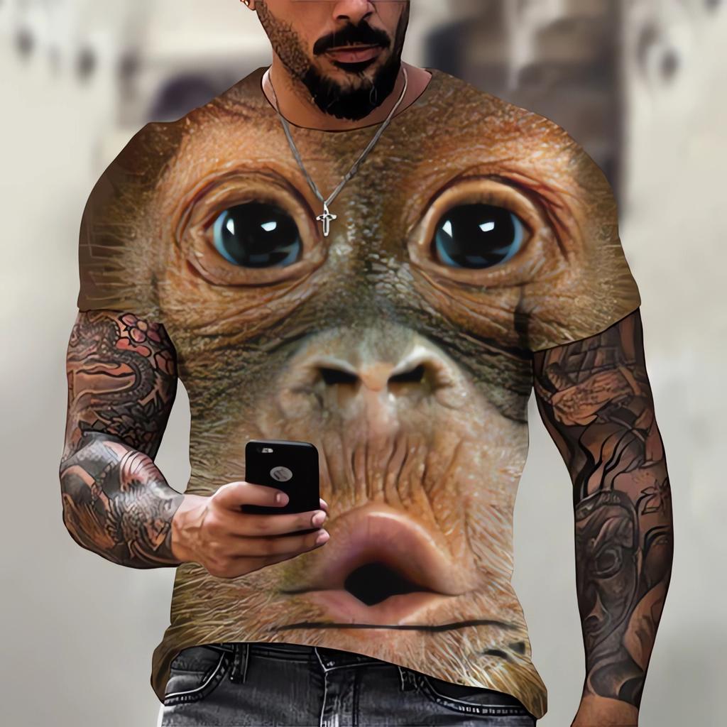 Nueva camiseta para hombre, moda 3D, estampado de mono, camiseta casual de verano de manga corta, ropa divertida para hombre, cuello redondo, suelta, de gran tamaño