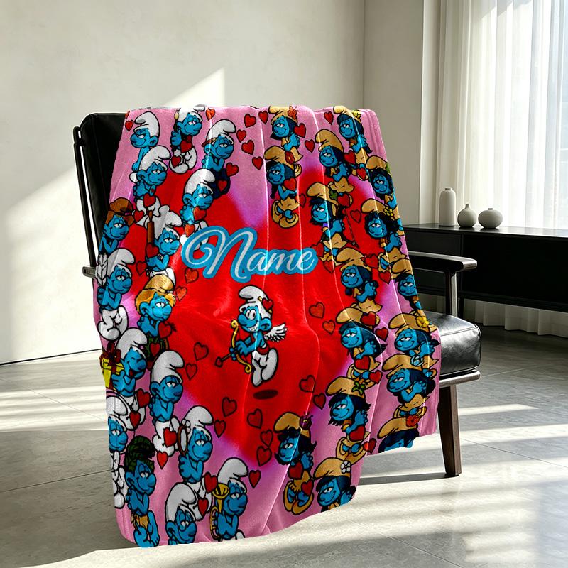Custom Name Personalized Blue Smurfs Print Blanket, Home Decor, Bedroom, Sofa, Camping, Couch, Gifts for Birthday Christmas