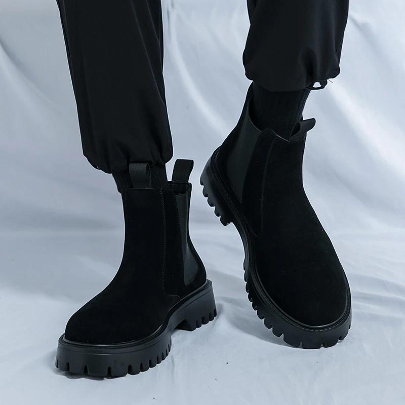 Fashion New Chelsea Boots, Slip-resistant and Durable Mid-calf British Style Thick-soled Heightening Genuine Leather Men's Boots