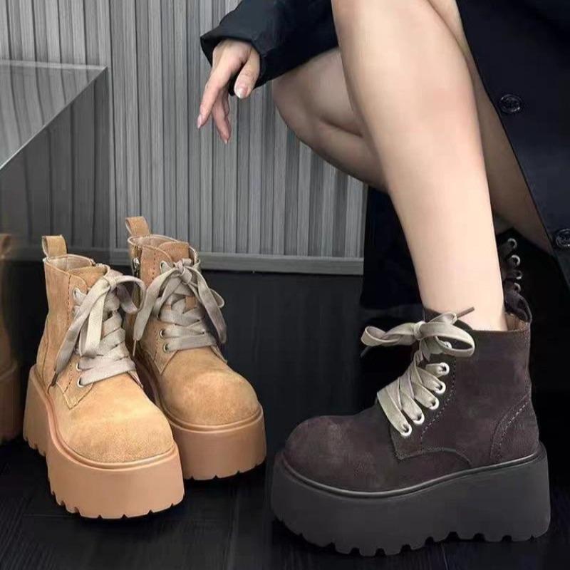 Dámské semišové boty na platformě, vysoké podpatky, kotníkové boty, značkové ležérní tenisky, šněrovací chelsea boty, zimní trendy 2024, teplé boty pro ženy