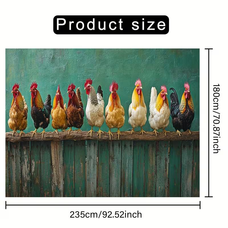 2D Vintage Farm Rooster Backdrop, Rustic Teal Background with Chickens Wall Decor Cloth
