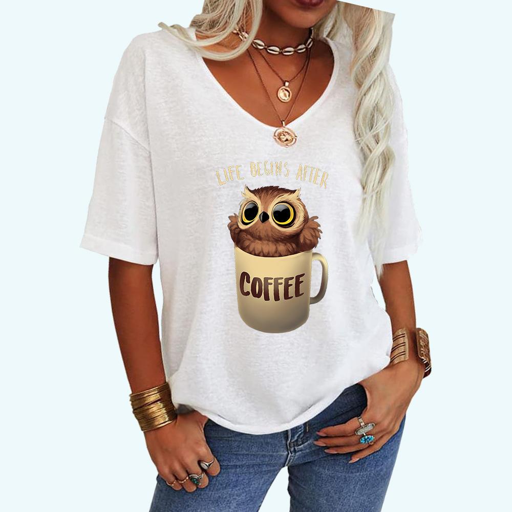 Women Fashion Cat Print Tee Shirt Casual V Neck Top Loose Short Sleeve T-shirt