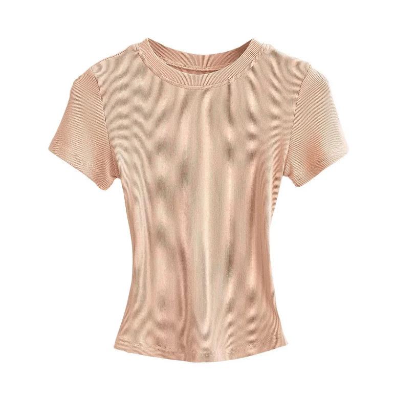 Summer New Female American Spice Girl Solid Color Crew Neck Short Sleeve T-Shirt Basic Threaded Bottom Top