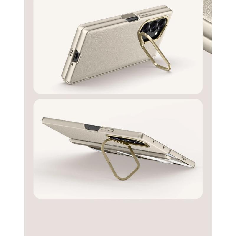 For Samsung Galaxy Z Fold 6 Case Shockproof Skin Feel PU Leather Hinge Folding Metal Lens Stand Cover with HD Tempered Glass