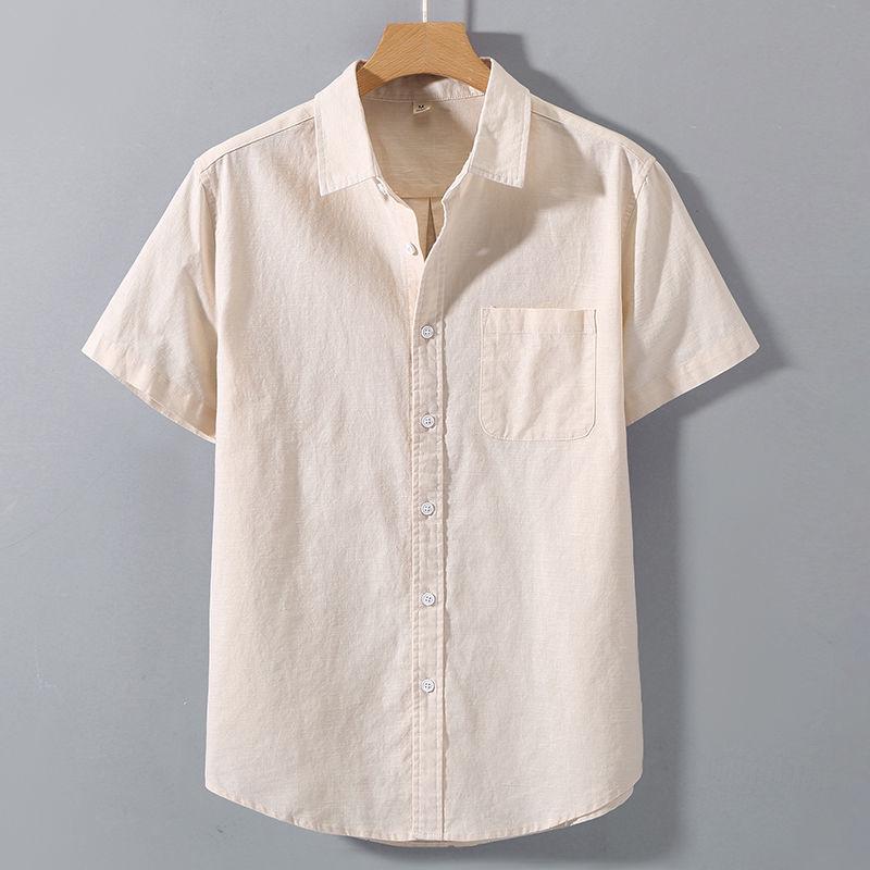 Men's Summer Cotton Linen Short Sleeve Shirt - Solid Color Casual Stand Collar Top