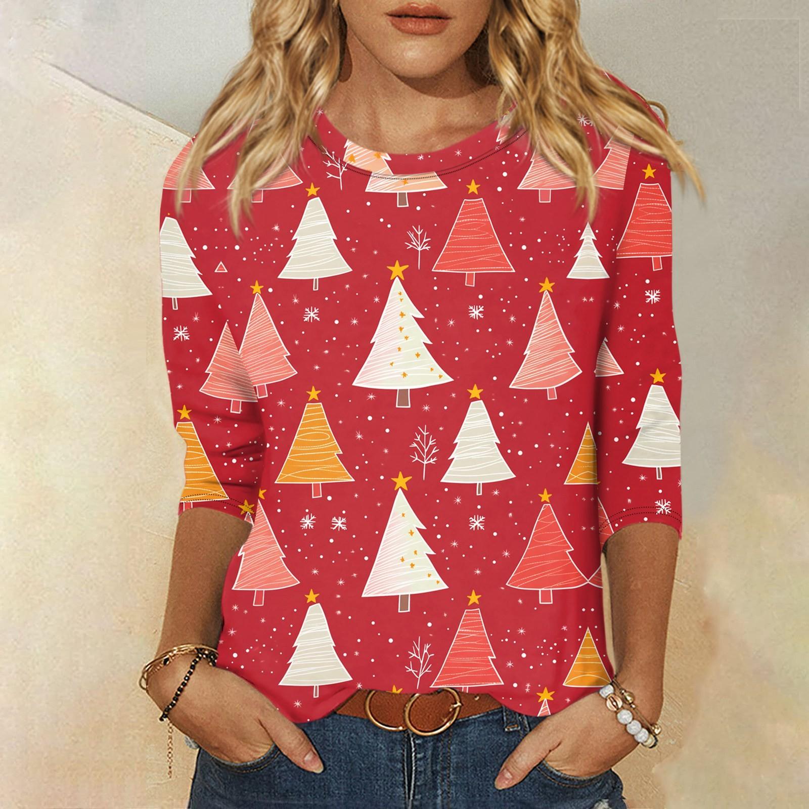 

Рубашки с рукавом 3/4 для женщин, футболки с графическим принтом, блузки, повседневные базовые топы, пуловеры S красный