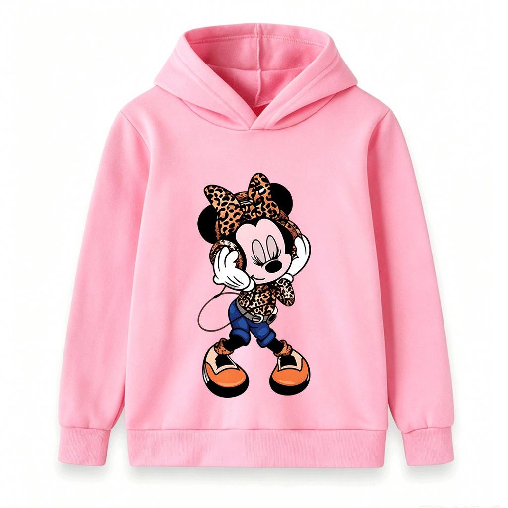 Kids Boys Girls Pullover Hoodie, Trendy Leopard Print Mouse Cartoon Pattern Casual Long Sleeve Hooded Sweatshirt, Soft Warm Streetwear Tops Daily Wear