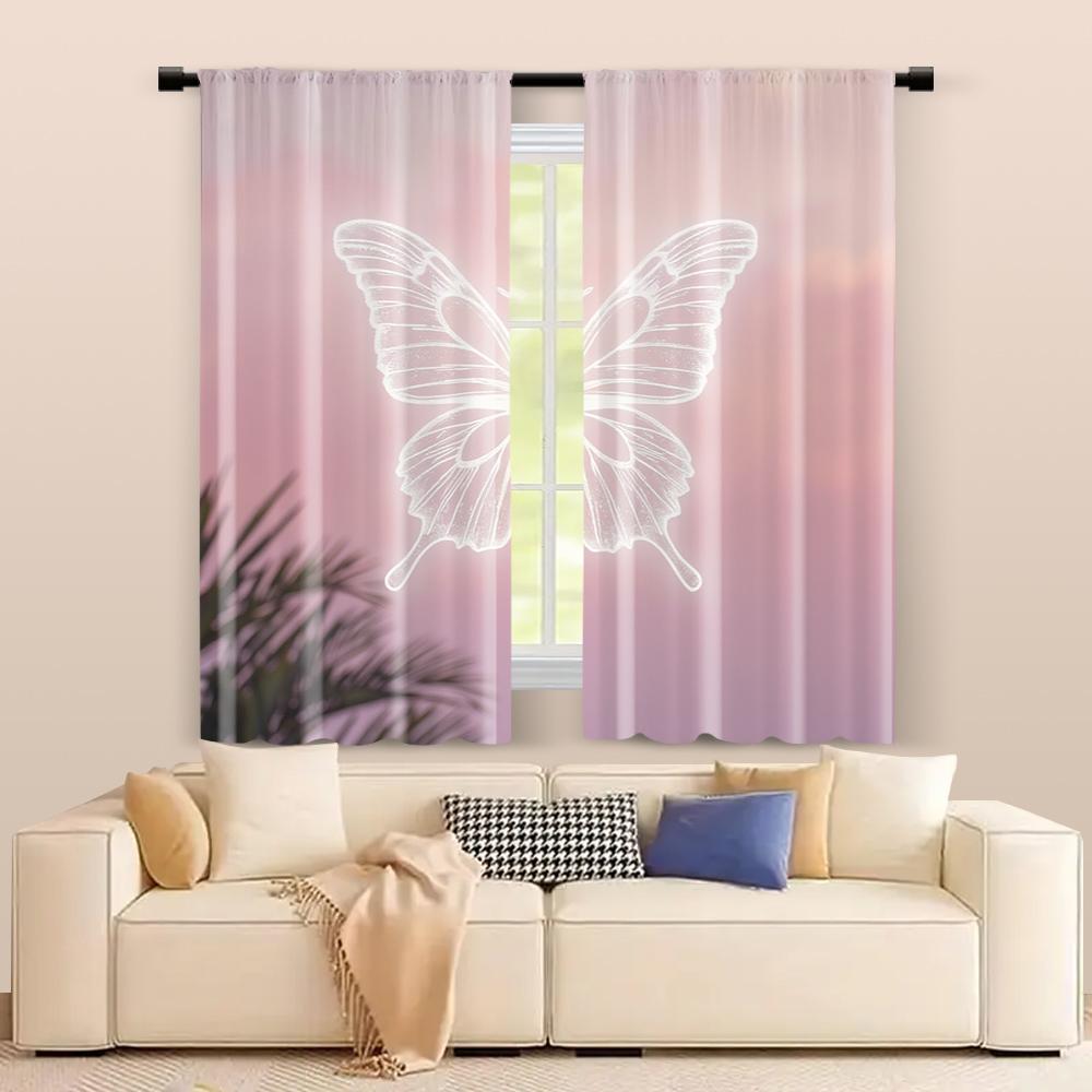 Filtering Curtains Excluding Rods Non Movable Without Batteries Pink Butterfly Lovely Use Bedrooms Living Curtain Set Of 2 Made Polyester Washable