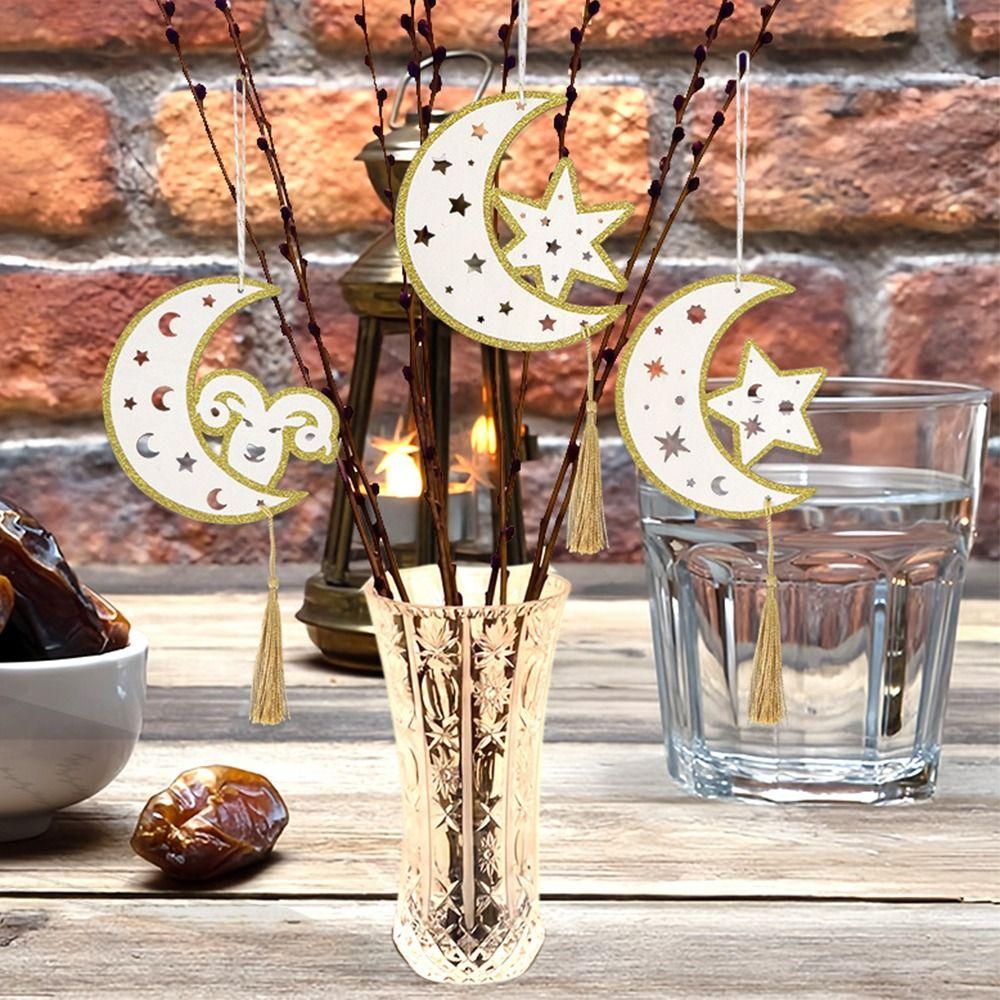 5Pcs Hollow Wooden Hanging Signs Creative Eid Moon Ornament Eid Door Sign  Middle East Moon Festival