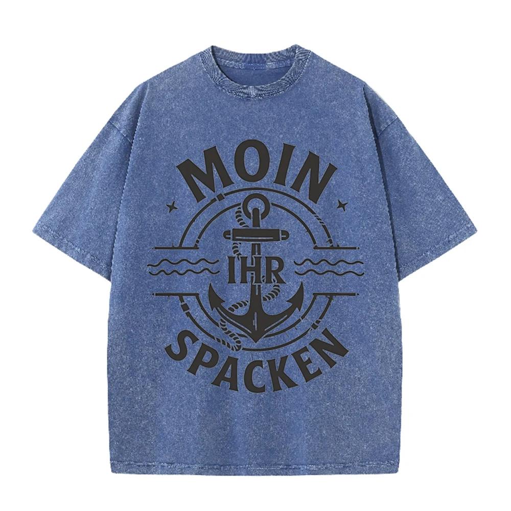 2026 Vintage Nautical Anchor Wave Badge Graphic Beige Washed T Shirt Moin Ihr Spacken German Slogan Casual Oversized Unisex Shor