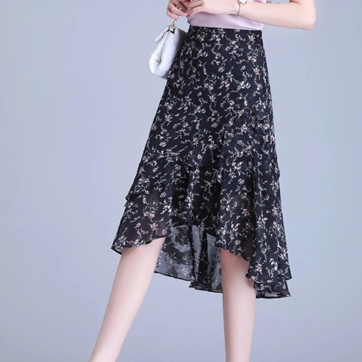 Women s Summer Asymmetrical Fishtail Skirt: Floral Print, Asymmetrical Ruffles, Elegant and Flattering Midi Skirt XS