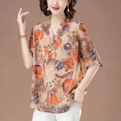 Chiffonhemd Pullover Sommer Mittleren Alters Mutter Oberteil Neu Kurzarm Damenbekleidung Locker Bedruckte Bluse T-Shirt