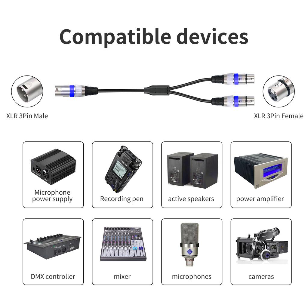 3Pin Male To Double Female Plug Y Splitters 50cm Adapters Cable Wire for Amplifiers R Headphones