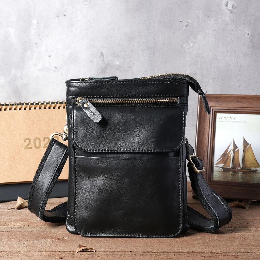 Vrijetijd Multifunctionele 7-inch Echte Lederen Telefoon Tas voor Mannen, Olie Was Leer Buiten Koeienhuid Retro Taille Kleine Hangende Tas