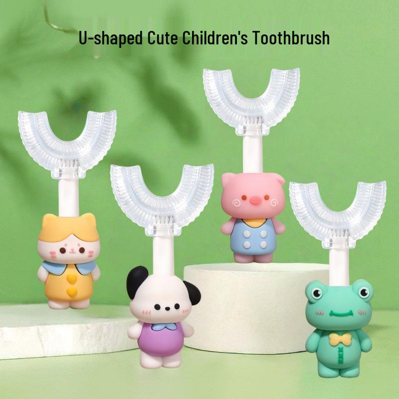 Children's U-Shaped Silicone Toothbrush, Soft Bristles, Anti-Slip Cartoon Handle, Ages 1-12