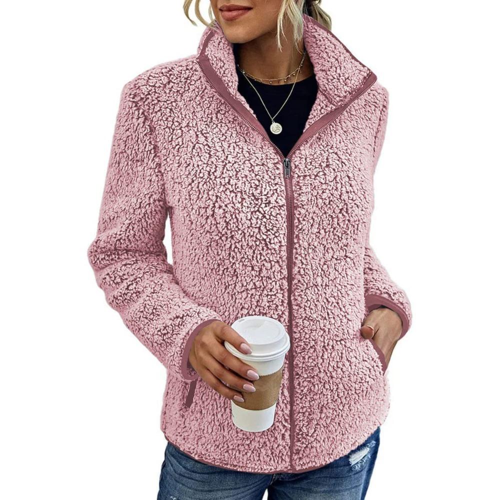Stand Collar Solid Color Sweatshirt Women Casual Fashion Long Sleeve Zip Up Bubble Fleece Jacket