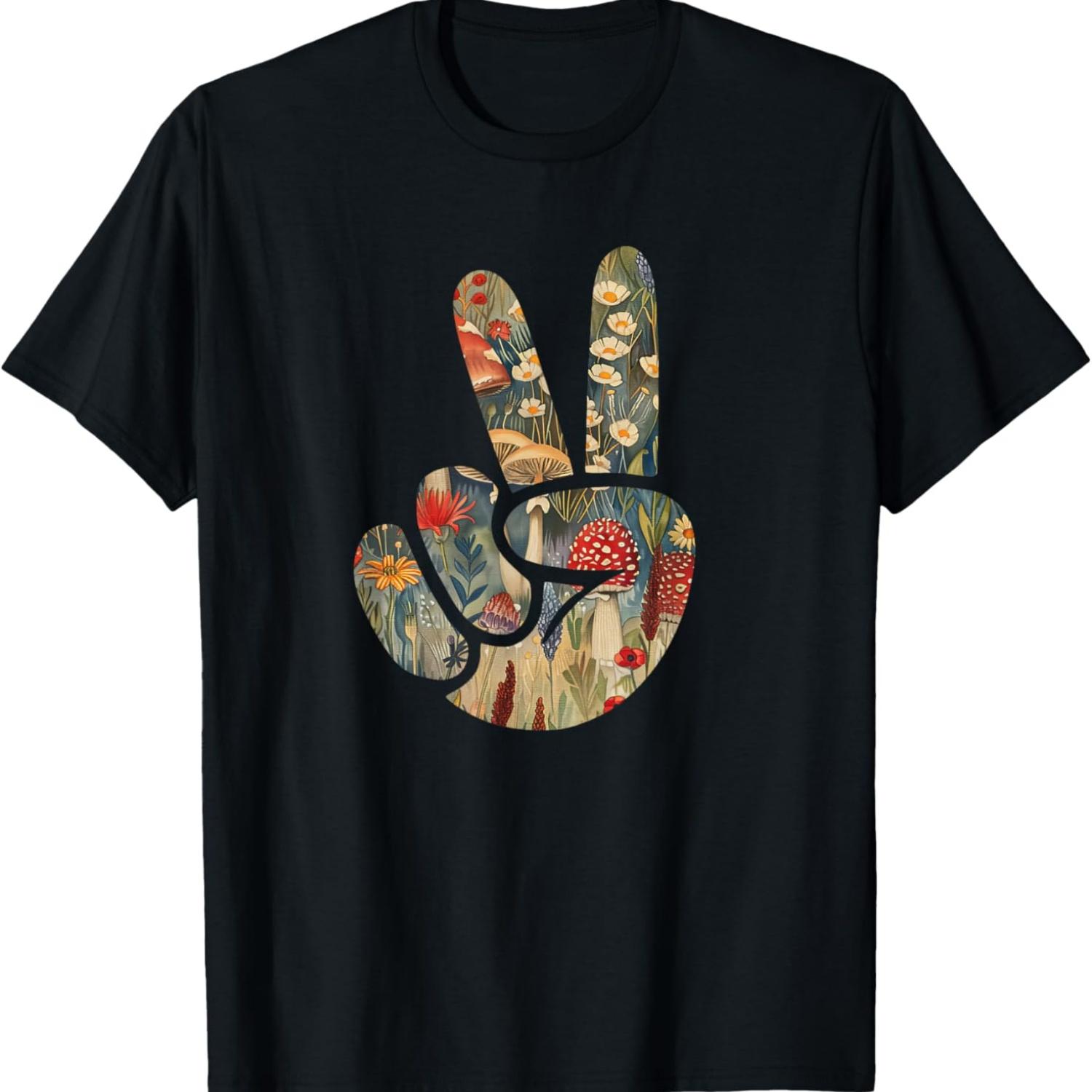 

Natural Silhouette Forest Meadow Cottagecore Peace Sign Hand T-Shirt(2) XXXXXL чорний