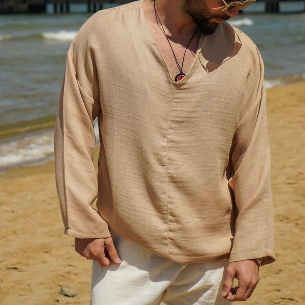 Men's Solid Color Long Sleeved Lazy Style V-neck Beach Cotton Linen Shirt