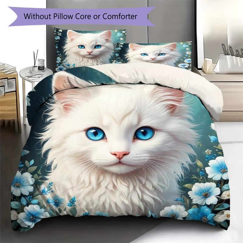 Beautiful White Long‑hair Cat Blue Wildflower Print 3 Pieces Duvet Cover Set Pet Animal Bedding Bedroom Home Decor Without Pillow Core Comforter
