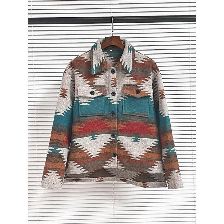 Women Autumn Winter Woolen Thick Coat Single Breasted Lapel Jacket Ethnic Style Geometric Jacquard S
