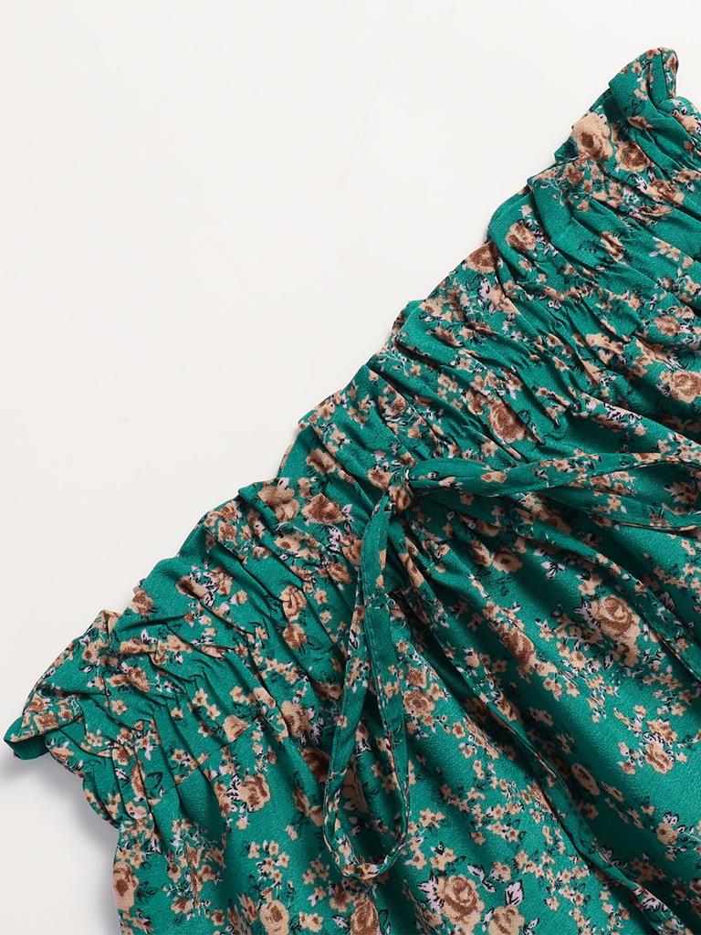 Women Floral Skirts Solid Color Long Skirt A-line High Waisted Long Skirt Pleated Skirt