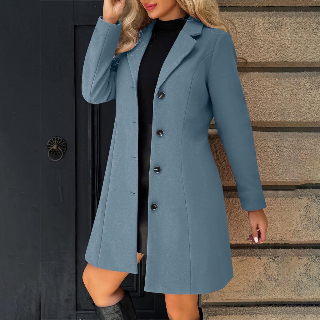 Women Winter Wool Coats Button Lapel Jacket Thickened Trench Coat  Elegant Windbreaker Solid Color Classic Mid-Length Coat