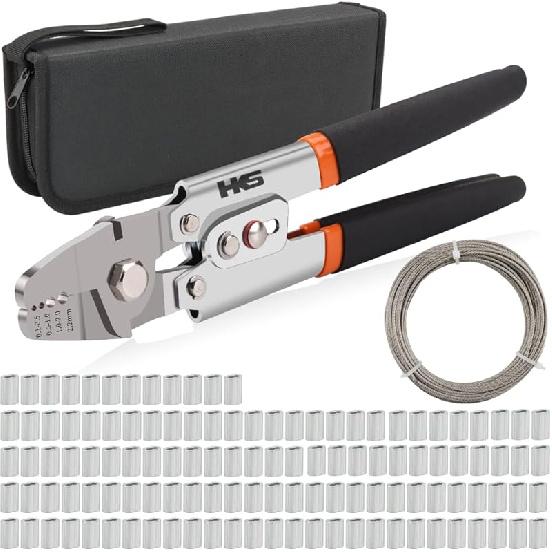 HKS Wire Rope Crimping Tool for Loop Sleeves, Aluminum Double Tube Ferrule Crimper for Fishing Line up to 2.2 mm with Cutting Function