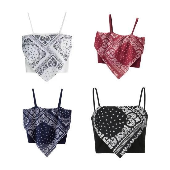 Summer Sling Vest Square Collar Sleeveless Retro Printing Camisole Slim Fit Tank Top Women T-shirt Streetwear