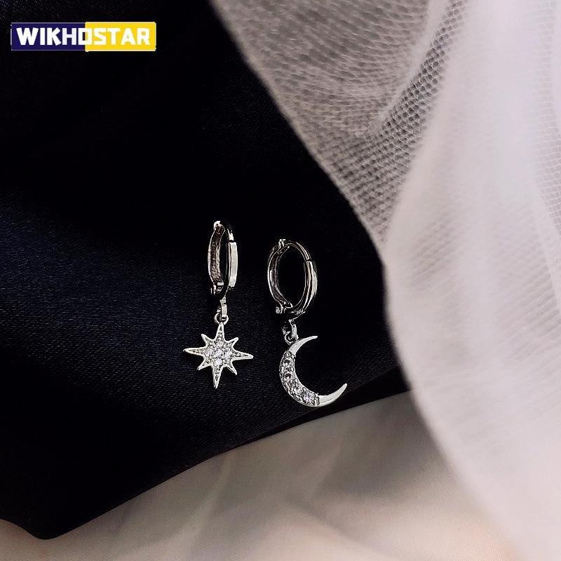 Silver Color CZ Star Moon Asymmetric Hoop Earrings for Women Girls Gold Silver Color Party Jewelry Gifts