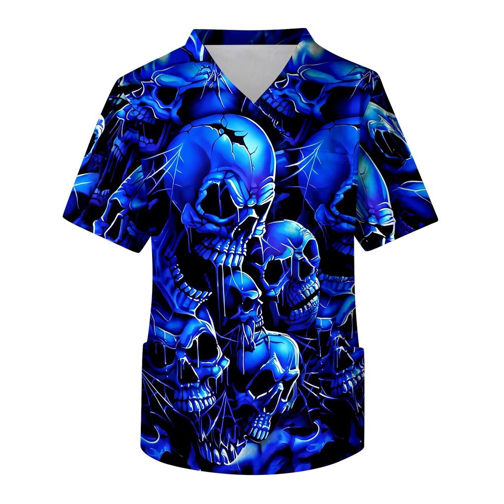 Men's V-Neck Short Sleeve Scrub Top with Print and Chest Pocket for Halloween