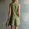 Women Sleeveless Button Front Linen Cotton Jumpsuit Casual Loose Fit Summer Romper with Pockets V Neckline