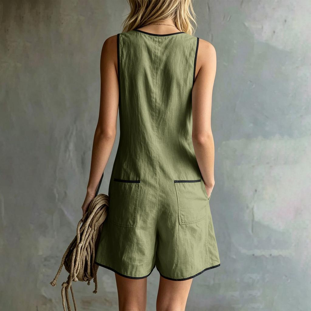 Women Sleeveless Button Front Linen Cotton Jumpsuit Casual Loose Fit Summer Romper with Pockets V Neckline