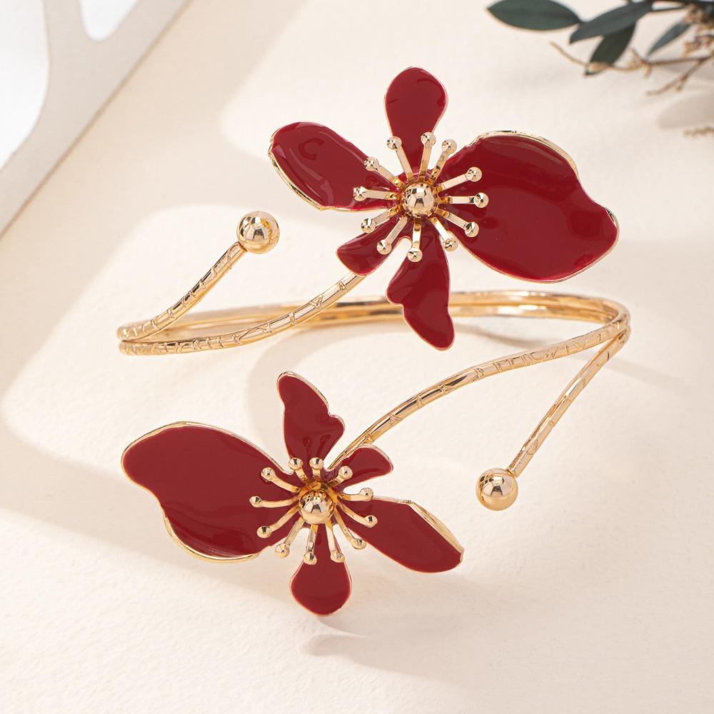 New Gold Color Floral Open Cuff Armlet Metal Enamel Glaze Craft Open Arm Ring Flower Cuff Bracelet Gifts