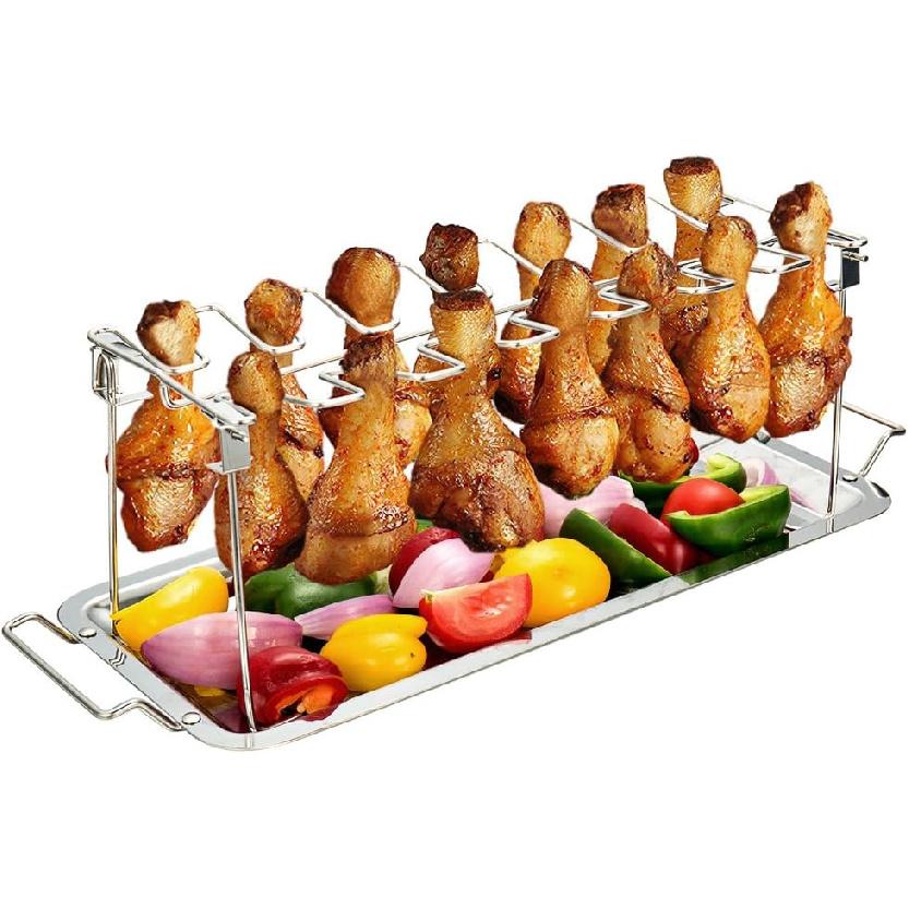 

G.a HOMEFAVOR 14-Slot Chicken Leg Rack for Grill & Wings - Premium Stainless Steel Foldable Roasting Rack with Detachable Drip Pan, Dishwasher-Safe