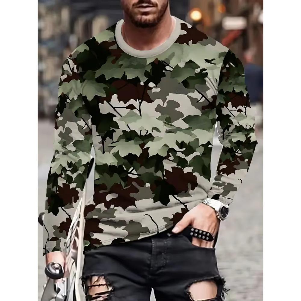 Camiseta Masculina de Manga Longa Camuflagem Caça Estampa Gráfica 3D Camiseta Masculina Moda Tops Camisetas Top para Exterior Camo Roupas Femininas
