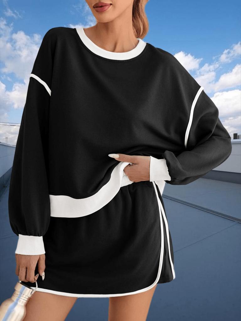 Women's Two Piece Oversized Crop Sweatshirt and High Waist Skirt Set Tennis Running Sport Outfit