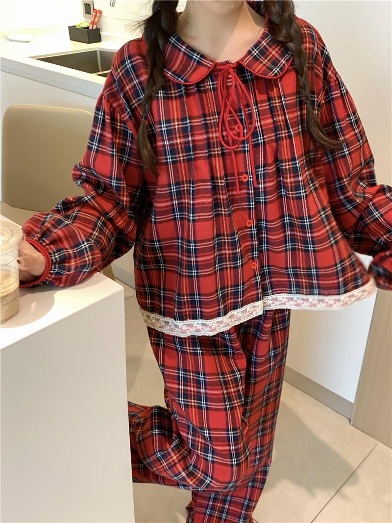 

Красный клетчатый фланелевый пижамный комплект с воротником Питер Пэн - С длинным рукавом и брюками для осени/зимы One Size