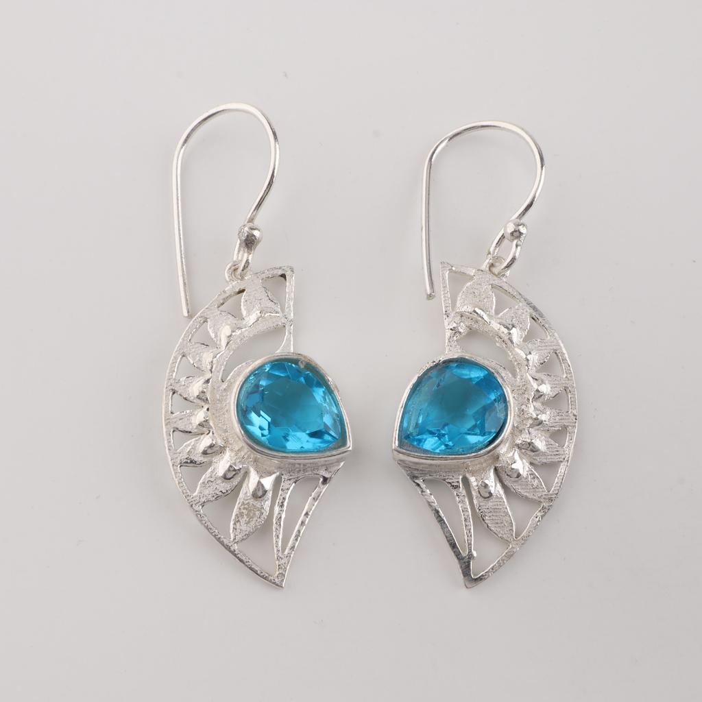 Natural Swiss Blue Topaz Gemstone Silver Earring 1.5" , 925 Sterling Silver Jewelry, Topaz Earring For Gift CE-26-15