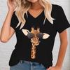 Süße Giraffe mit Brille Grafikdruck T-Shirt Damen V-Ausschnitt Shirt und Bluse Kurzarm Tee Tierliebhaber T-Shirt Giraffenshirt